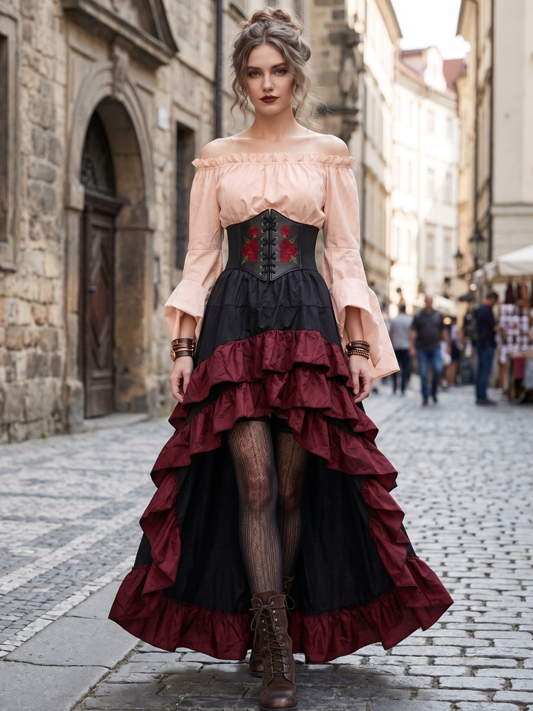 3PCS 1930s Off-Shoulder Top & Tiered Ruffle Skirt & Corset Belt