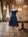 Blue 1950s Off-Shoulder Embroidered Sequin Floral Dress