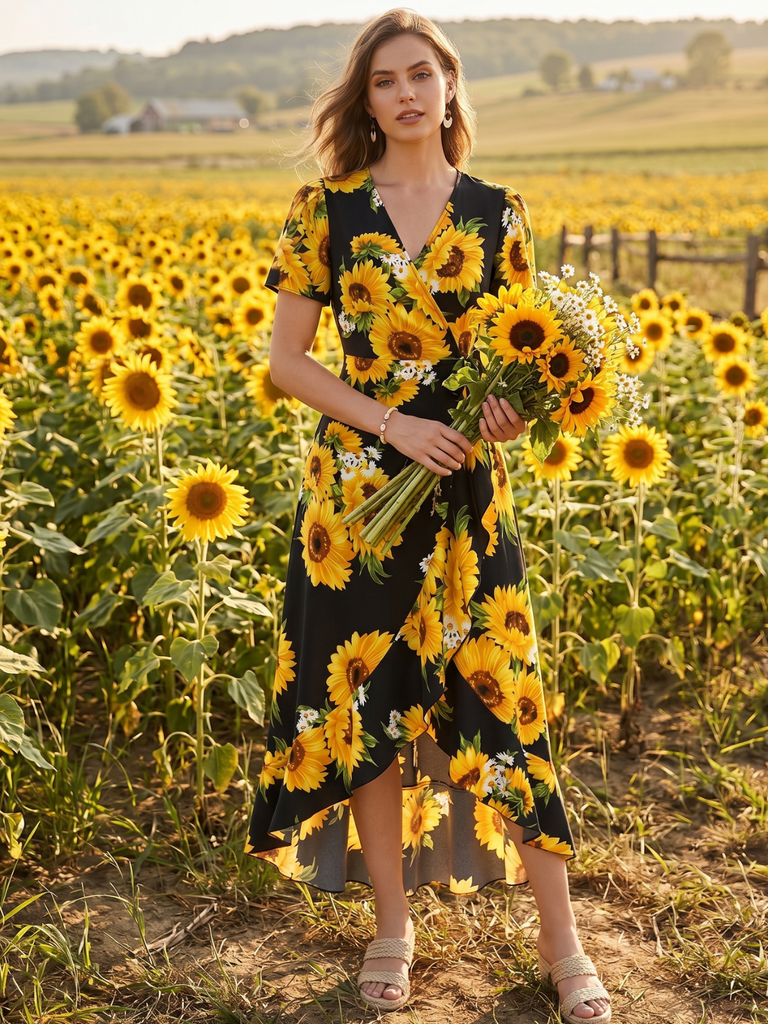 Black 1940s Sunflower Floral Wrap V Neck Midi Dress