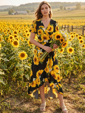 Black 1940s Sunflower Floral Wrap V Neck Midi Dress