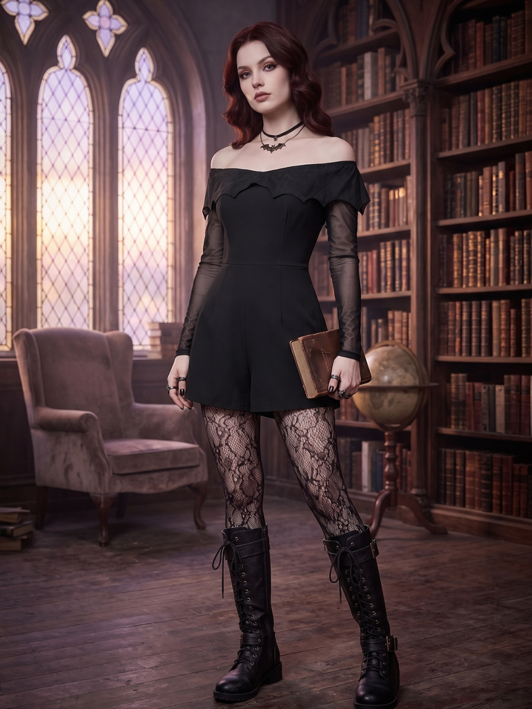 Black 1950s Gothic Bat Off-Shoulder Mesh Romper