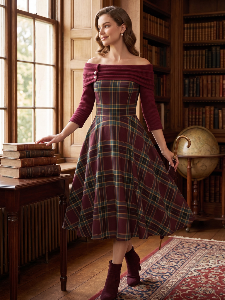 Wine Red 1950s Plaids Off-Shoulder Dress