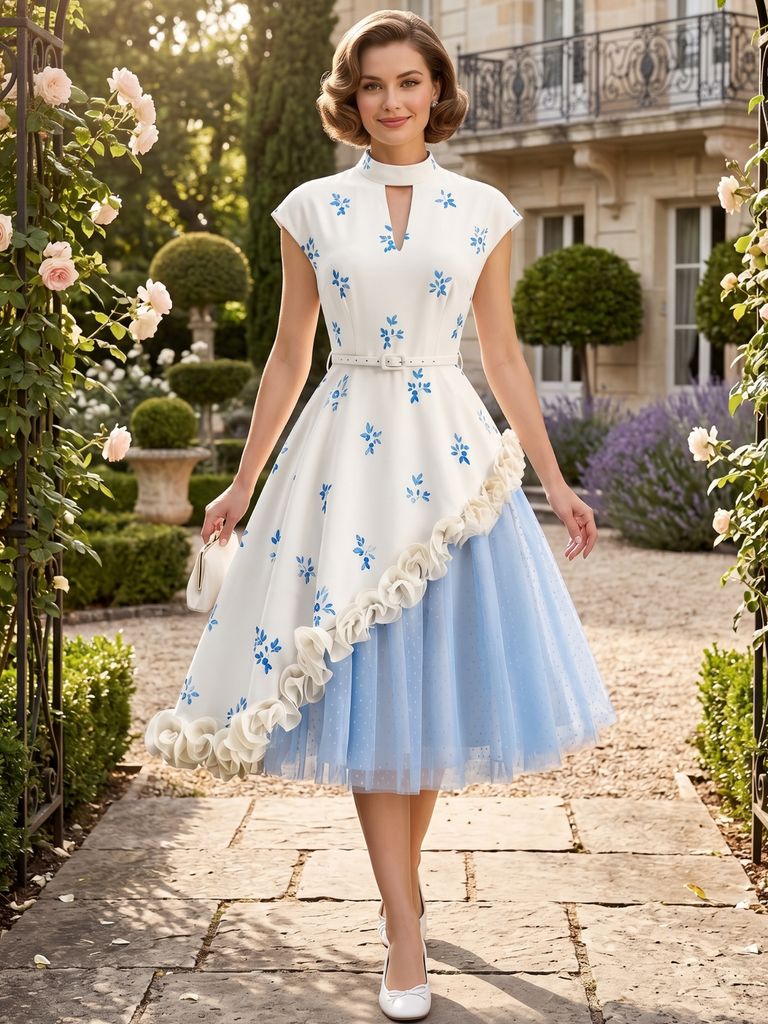 1950s Mock Neck 3D Rosette Polka Dot Mesh Dress