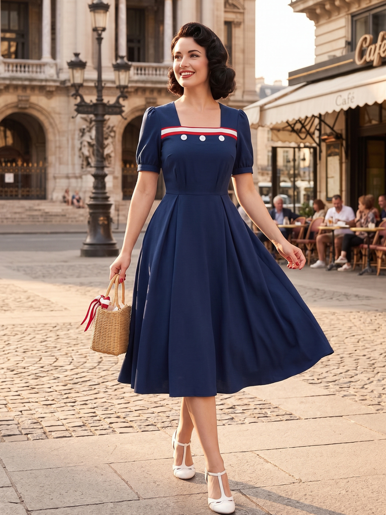 Dark Blue 1930s Square Neck Button Puff Dress