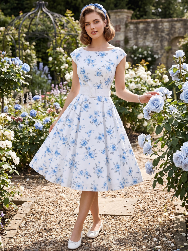 White 1950s Boat Neck Belted Floral Dress
