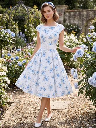 White 1950s Boat Neck Belted Floral Dress