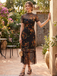 Black 1930s Floral Mesh Ruffle Midi Dress