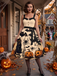 Orange 1950s Halloween Pumpkin Cat Bat Print Swing Dress