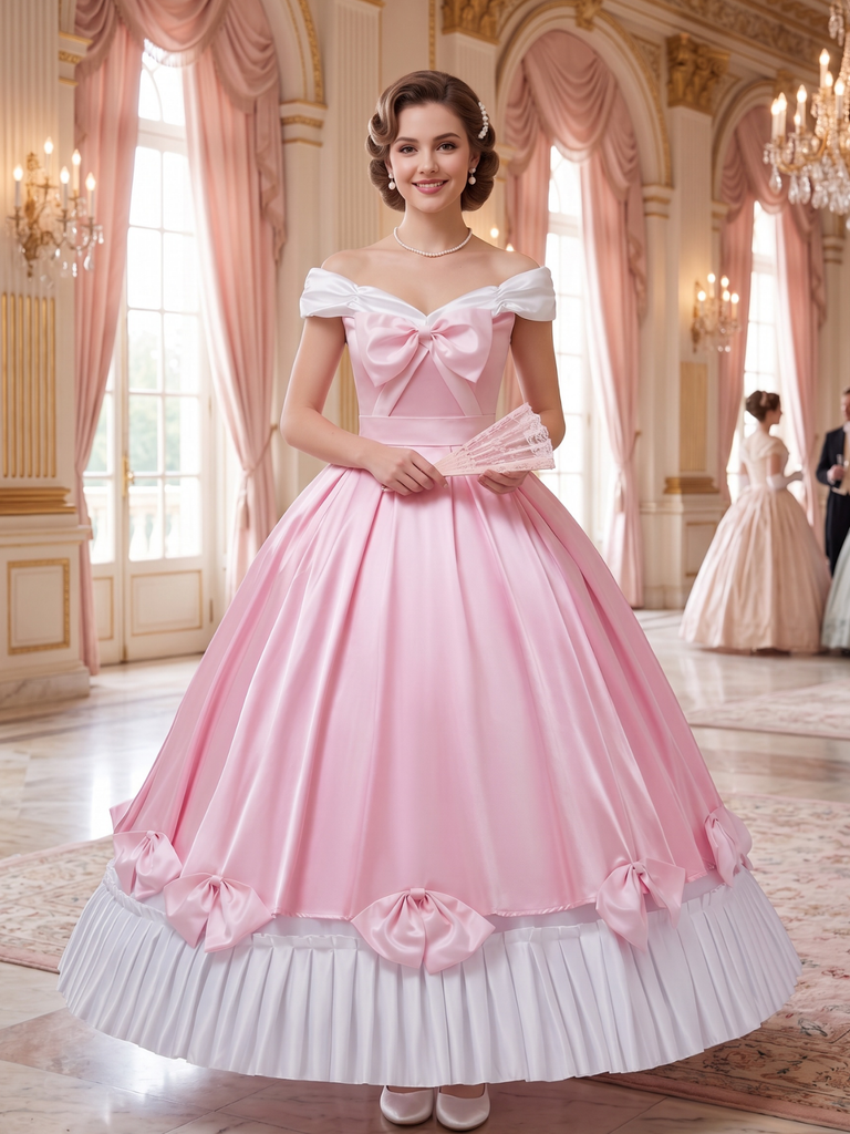 Pink 1950s Off-Shoulder Pleated Satin Bow Princess Dress