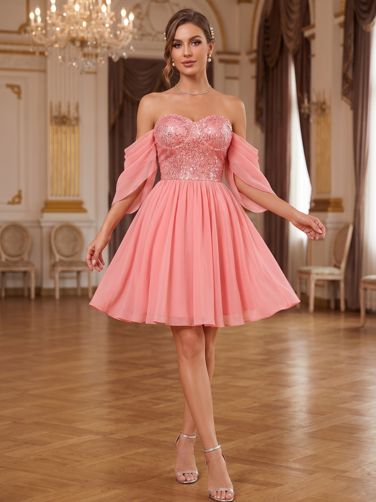Pink 1950s Sequin Mesh Off-Shoulder Dress