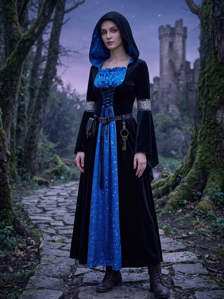 Black & Blue 1930s Witch Lace-Up Hooded Dress