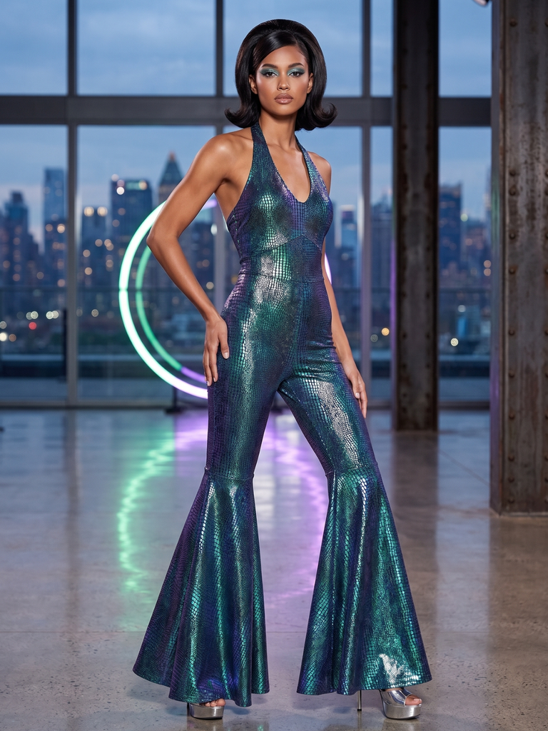 Blue 1960s Halter Metallic Iridescent Flared Jumpsuit