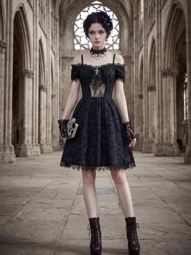 1950s Halloween Spider Web & Cross Textured Dress