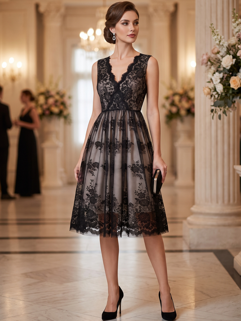 Black 1950s Lace Floral Swing Dress
