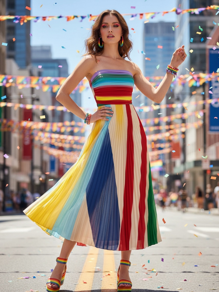 1970s Rainbow Pleated Strapless Maxi Dress