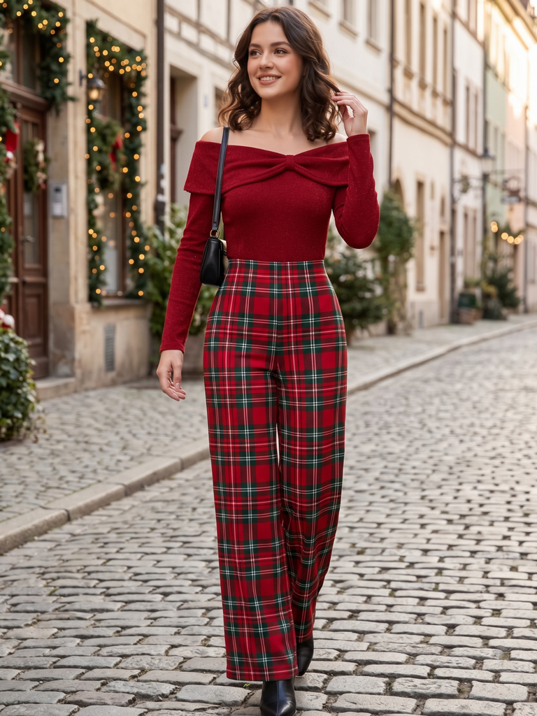 Red 1950s Off Shoulder Plaids Jumpsuit