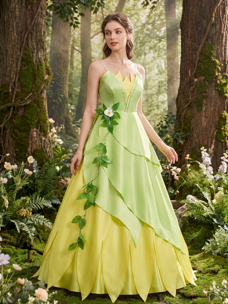 Green 1930s Fairy Gradient Leaf Layered Princess Costume Dress