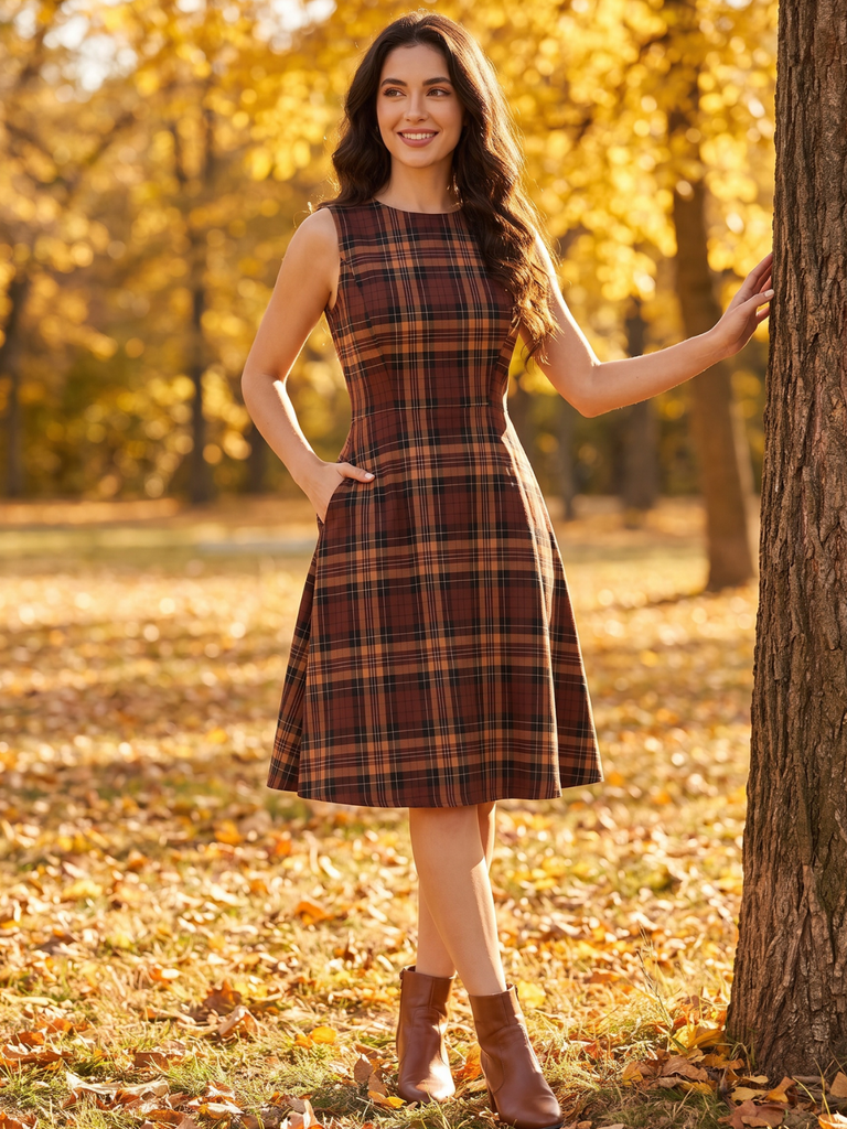 Red 1960s Plaid Sleeveless A-Line Dress