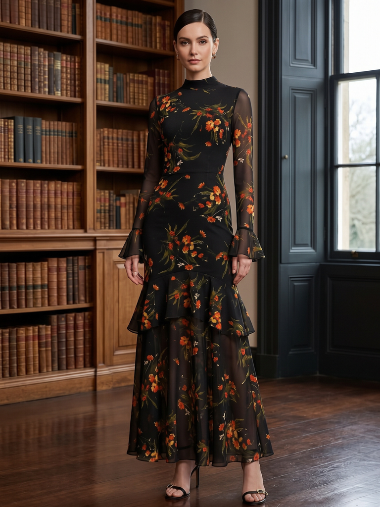 Black 1930s Floral Mesh Ruffle Maxi Dress