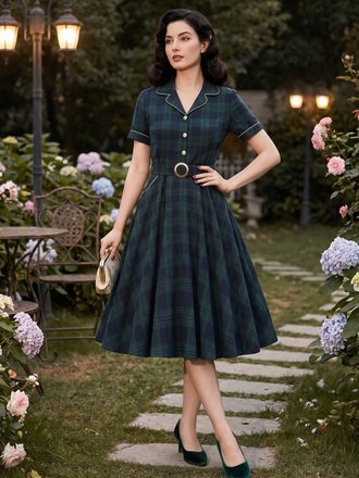 Green 1950s Lapel Plaids Swing Dress