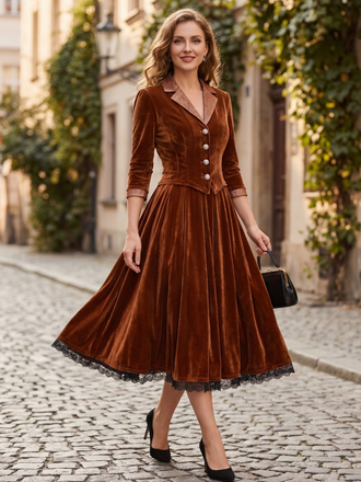 Brown 1940s Lapel Velvet Mock Two-Piece Solid Dress