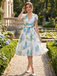 Blue 1950s Floral Print V-Neck Swing Dress