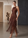 Coffee 1920s Solid Fringe Halter Sleeveless Dress