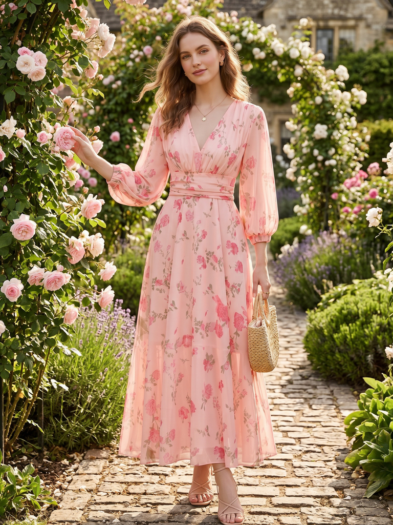 Pale Pink 1930s Floral V-Neck Chiffon Dress