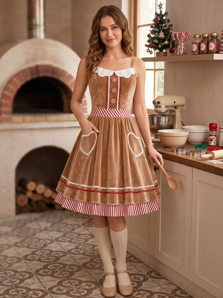 Brown 1960s Gingerbread Heart Stripe Velvet Strap Dress