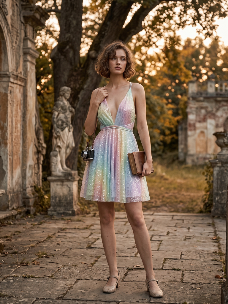 Y2K Rainbow Sequins Deep V-Neck Backless Dress