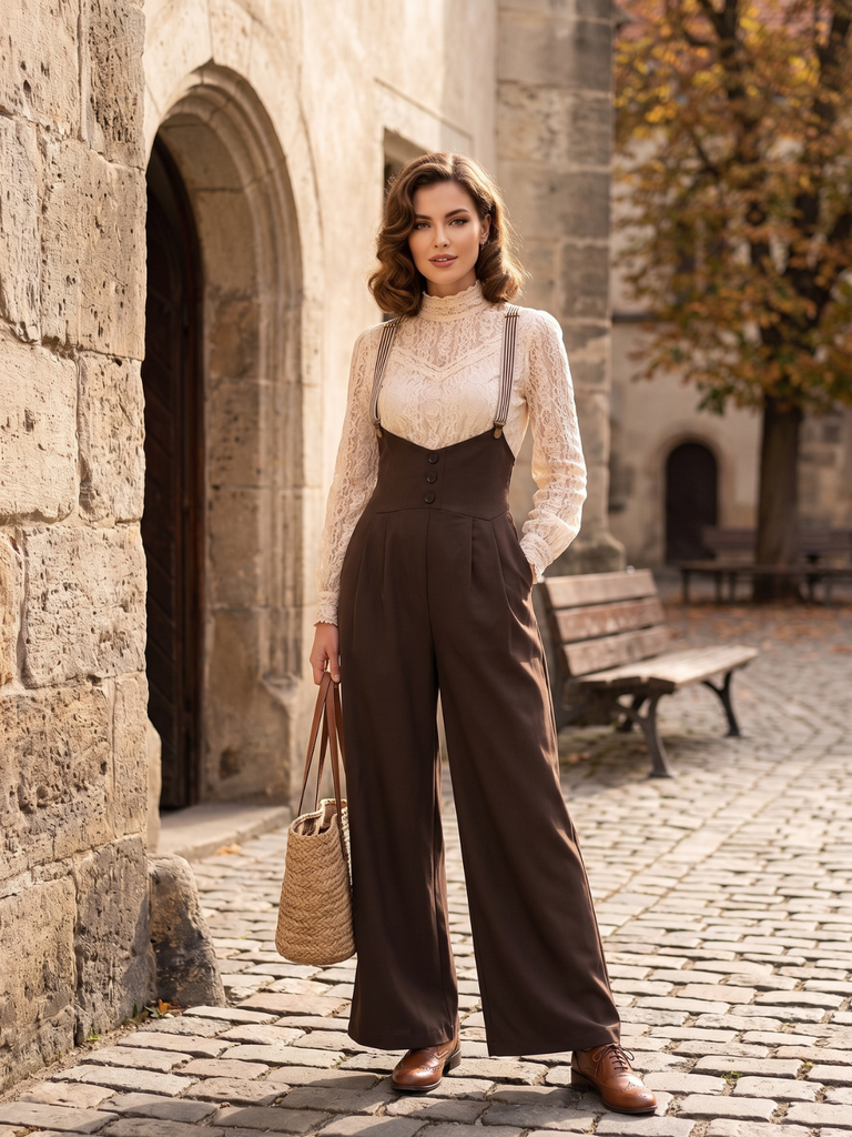 Black 1950s Button Suspender Pants