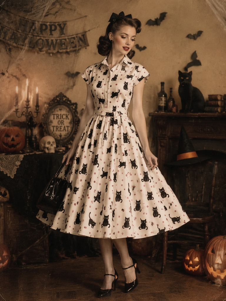 1950s Cat Polka Dot Belted Shirt Dress