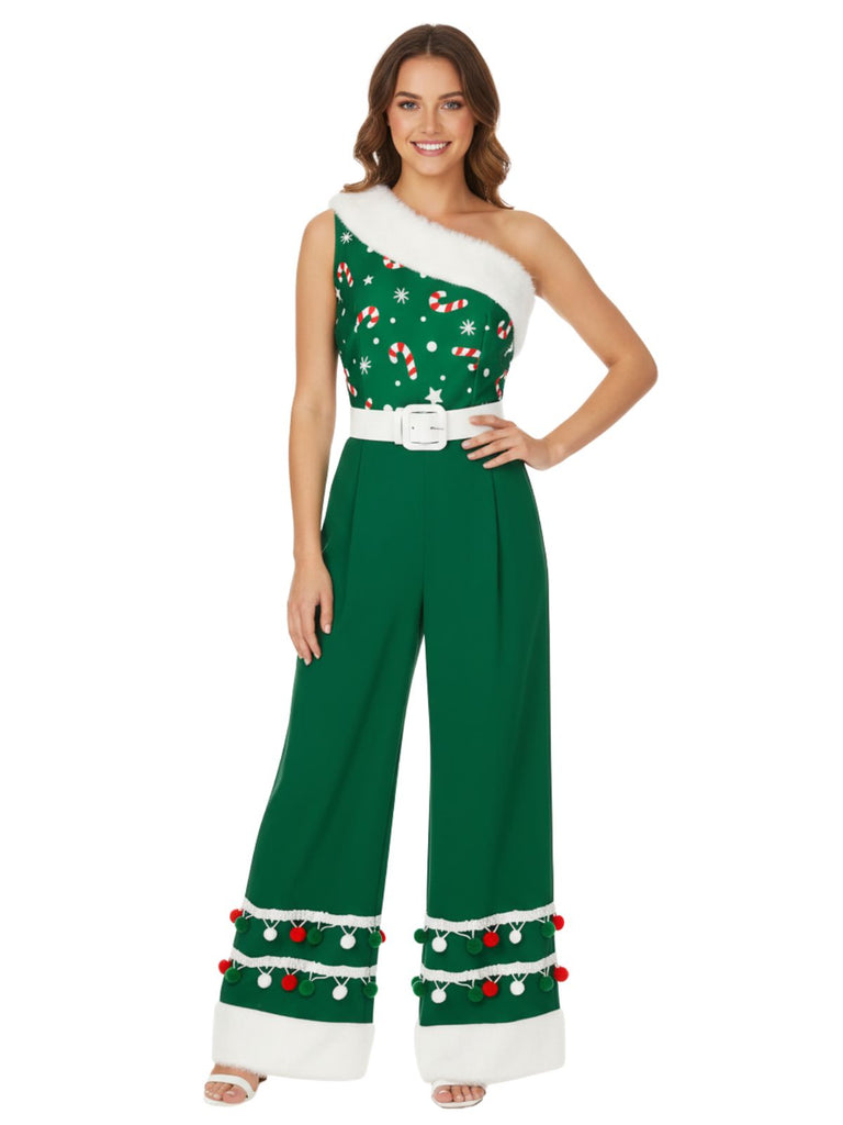 Green 1950s Christmas One Shoulder Fur Ball Belted Jumpsuit