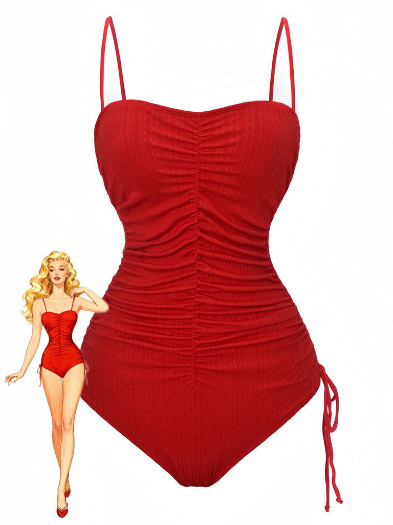 Red swimsuit with ruched design on a white background