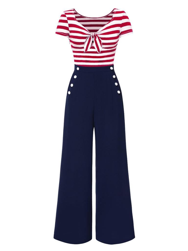 Red 1950s Hollow Bow Stripe Patchwork Jumpsuit