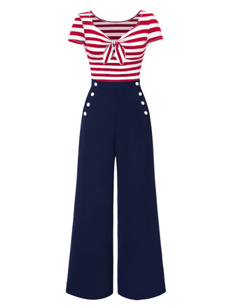 [Pre-Sale] Red 1950s Hollow Bow Stripe Patchwork Jumpsuit