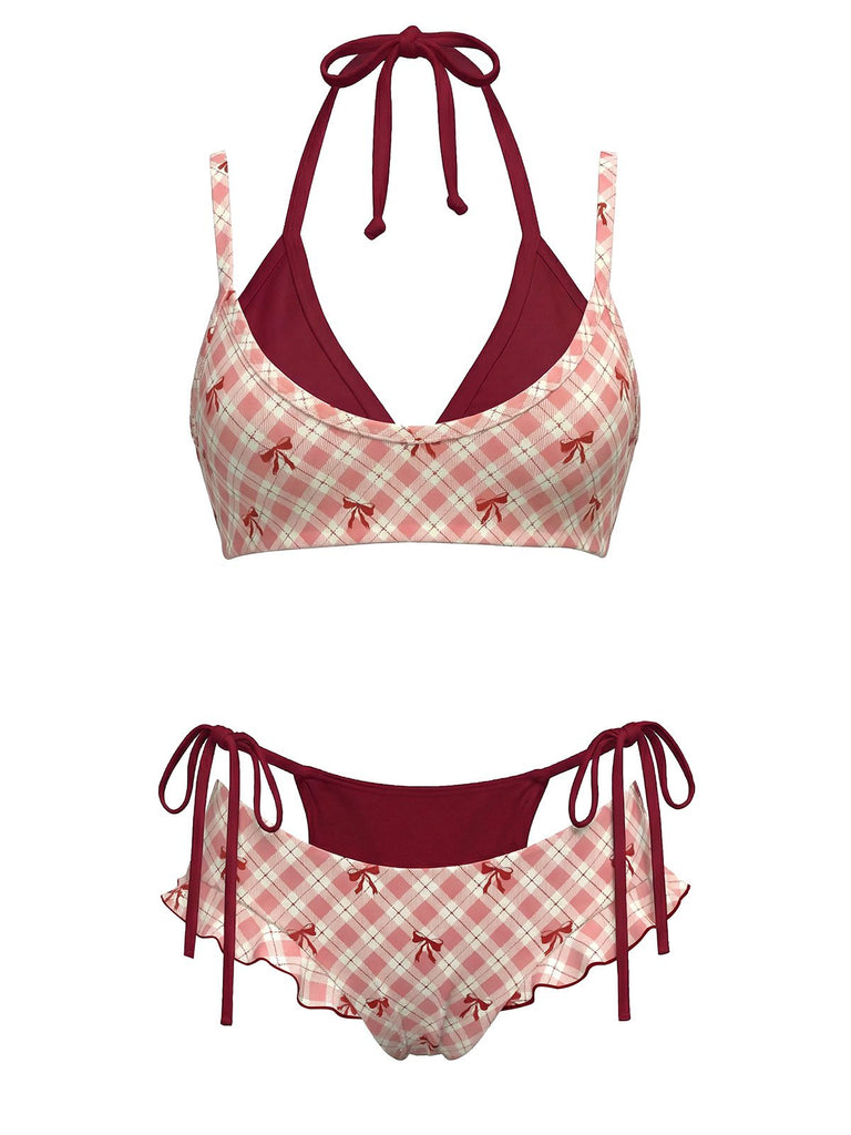 Retro Stage red plaid halter double-layer bikini set with bow details for vintage-inspired swimwear styling