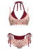 Retro Stage red plaid halter double-layer bikini set with bow details for vintage-inspired swimwear styling
