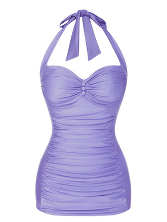 [Pre-Sale] Purple 1950s Solid Gathered Halter Swimsuit