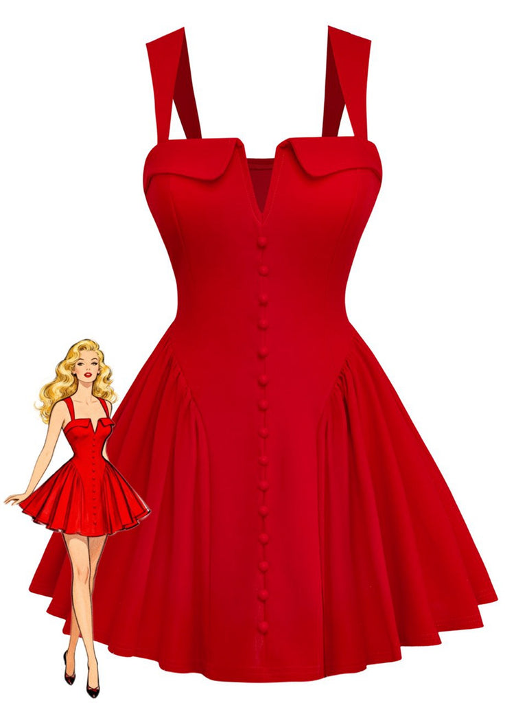 Elegant red 1960s vintage mini dress with square neckline, decorative button front and ruched detailing, perfect for cocktail parties and date nights