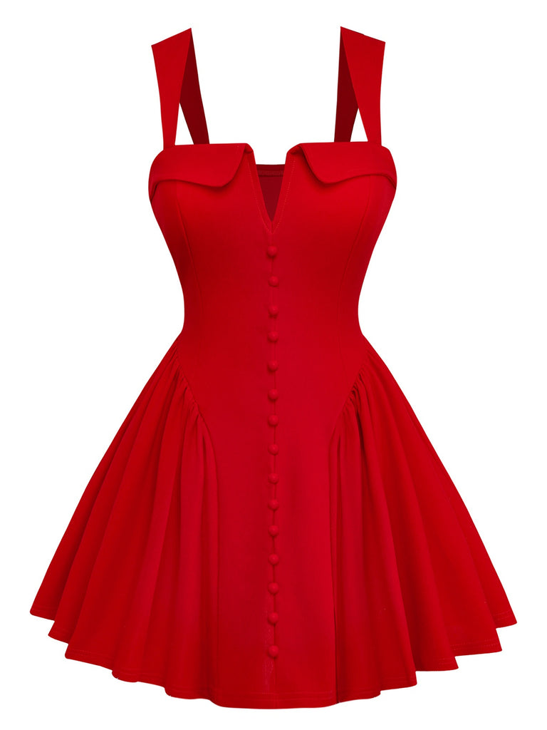 Stylish red MOD-inspired mini dress featuring square neck design, button details and ruched fabric, ideal for retro-themed events and parties