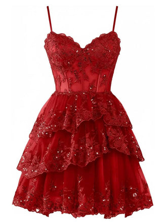 A vibrant red mini dress featuring a sweetheart neckline, intricate lace appliqués on the bodice, and a voluminous tiered tulle skirt.