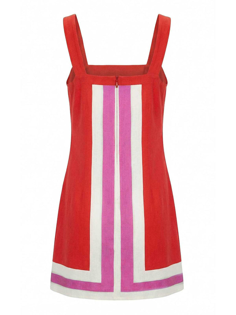 Back view of the red mod-style mini dress showing the continuation of the colorblock pattern.