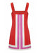 Back view of the red mod-style mini dress showing the continuation of the colorblock pattern.