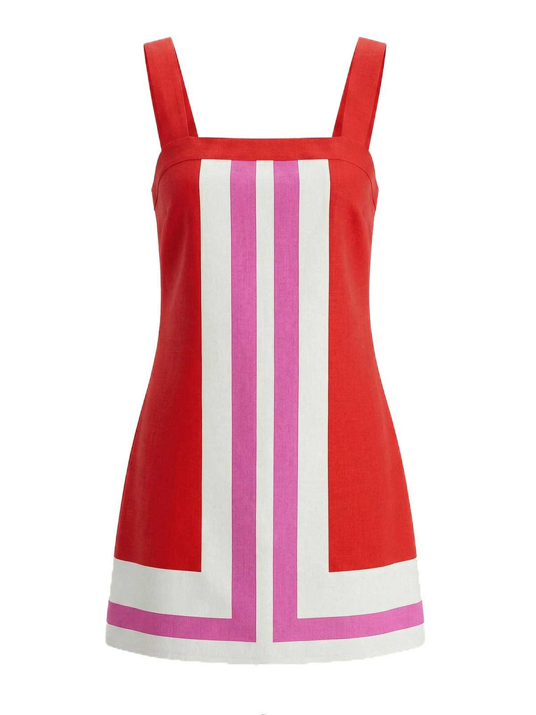 Front studio view of the red shift dress featuring bold white and pink geometric stripes.