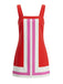 Front studio view of the red shift dress featuring bold white and pink geometric stripes.