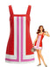 A sleeveless red mini dress with a white and pink vertical colorblock design in a mod style, shown next to a vintage-style fashion illustration.