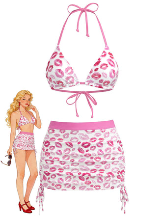A product shot of the pink kiss print bikini set next to an illustrated model wearing the full set with red heels and sunglasses.