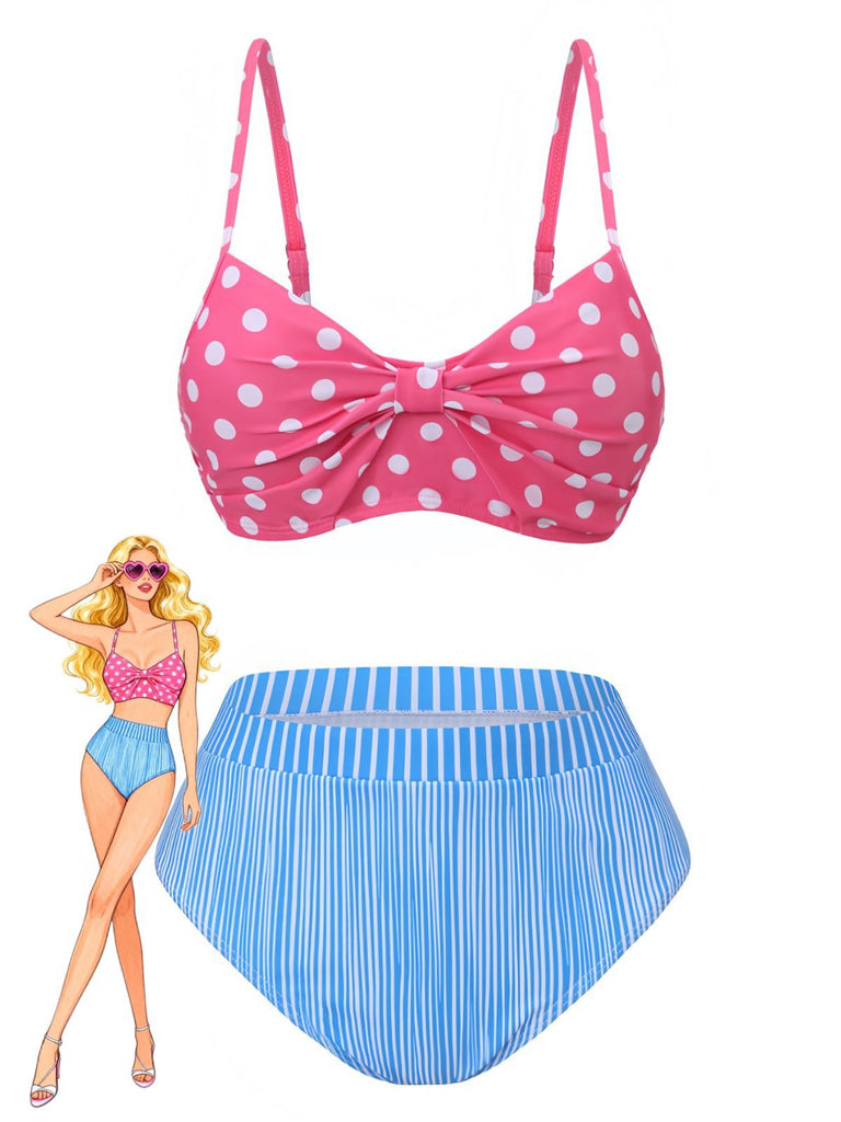 A retro-style bikini set featuring a pink and white polka dot halter top with a front bow and blue and white striped high-waisted bottoms, accompanied by a blonde vintage illustration.
