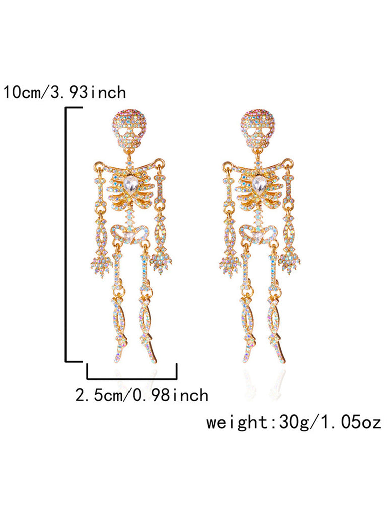 A diagram showing the dimensions of the skeleton earrings, measuring approximately 10cm in length.
